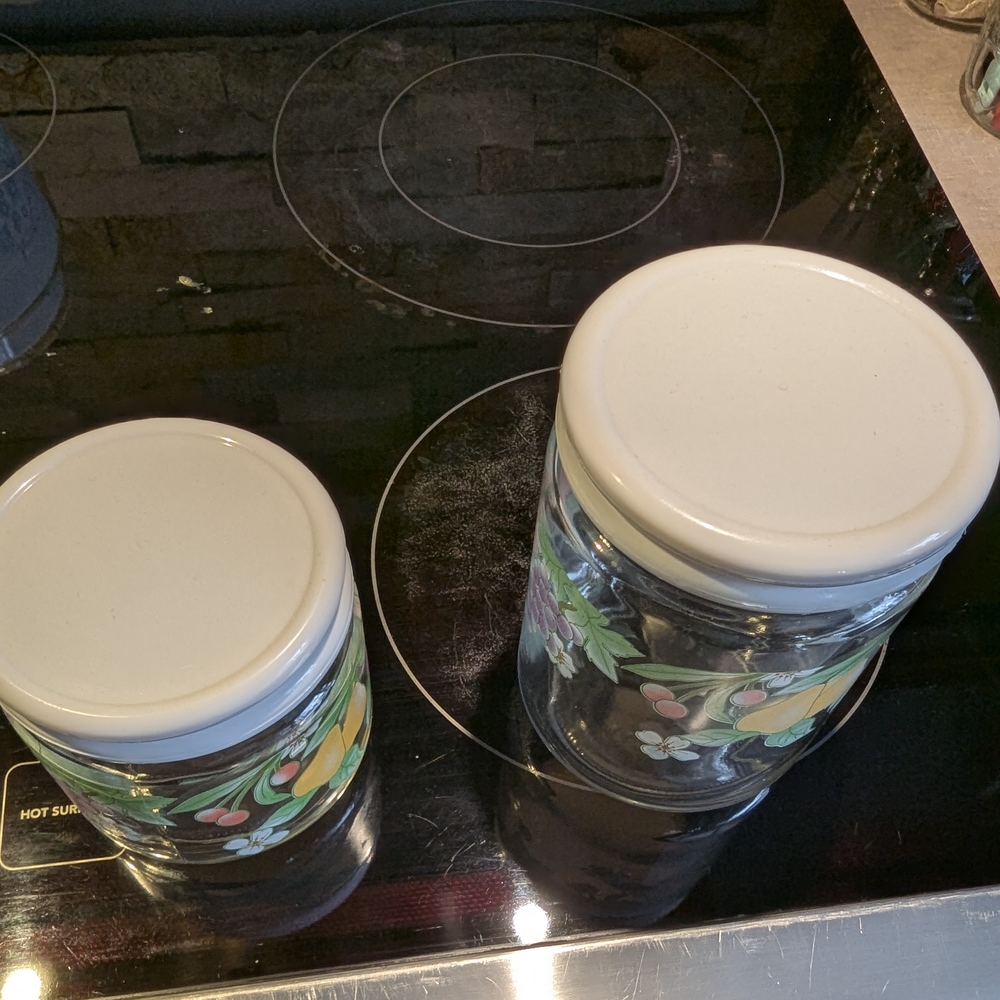 SET OF TWO Floral Glass Storage Jars with White Lids Vintage - Picture 3 of 6